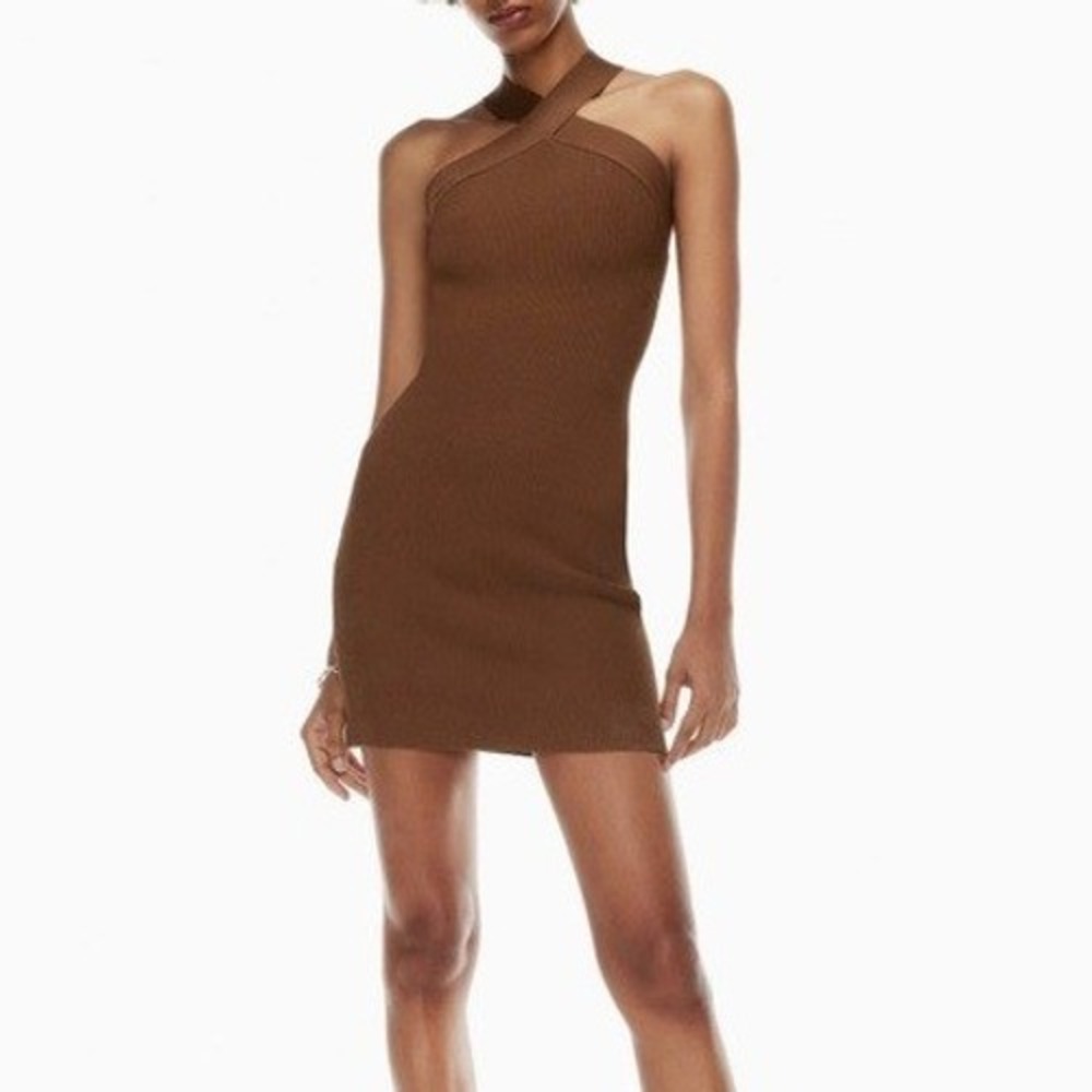 Aritzia Babaton Sculpt Knit Criss Cross Mini Dress Brown Halter Ribbed Sz M NWOT